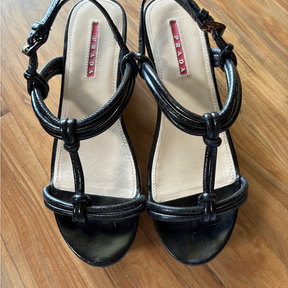 Prada Black T-Strap Sandals with Glossy Finish
